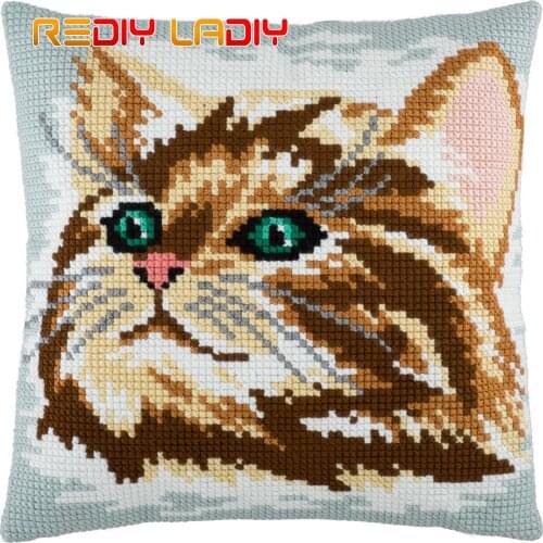 DIY Cross Stitch Cushion Kits Cat Face Pillow Case Pre-Printed Canvas Acrylic Chunky Yarn Needlepoint Cross-stitch Arts & Crafts