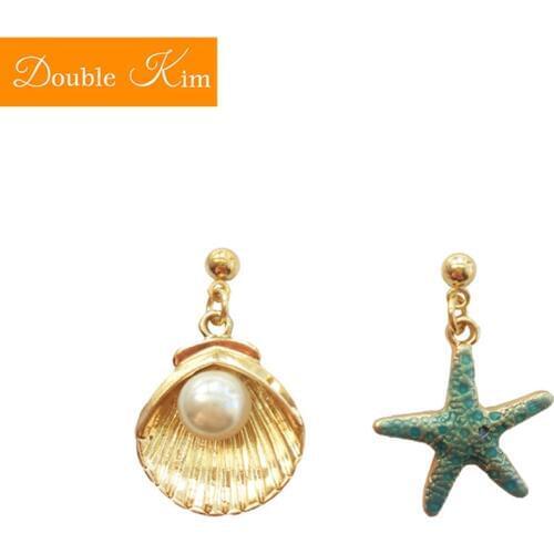 Star Shell Pearl Stud Earrings Titanium Stainless Steel Inlaid Pearl Asymmetric Earrings Gold Color Trendy Fashion Women Jewelry