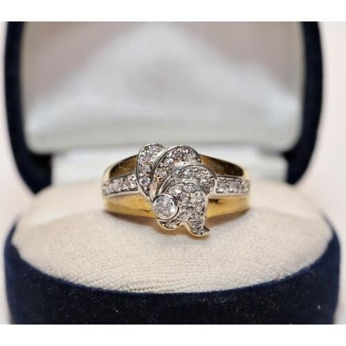 OLD VINTAGE FLOWERS STYLE 18K GOLD NATURAL DIAMOND DECORATED PRETTY RING