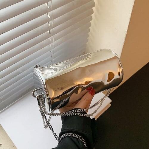 Crossbody Bag Handbag Bucket Shoulder Bag Female Women Bag Chain Fashion Silver Patent Leather Glossy 2021 New PU Leather Zipper
