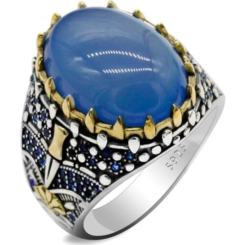 Turkey Jewelry Men Ring with Blue Big Stone Natural Onyx Ring Pure 925 Sterling Silver Vintage King Crown for Women Male Gift