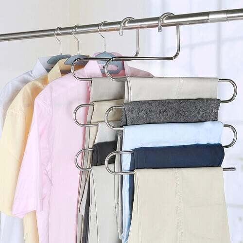 Stainless Steel Trousers Hanger S-type 5 Layers Multifunction Pants Closet Belt Holder Rack Wardrobe Organizer