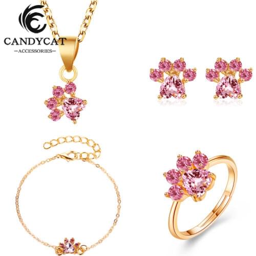 4PCS cute cartoon cat claw jewelry set Cubic Zirconia cat claw Footprint ring bracelet necklace earrings girls jewelry kids