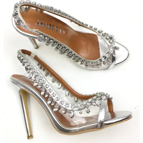 Womens Shoes PVC Peep Toe High Heels Sandals Slingbacks Crystal Rhinestone Ladies Wedding Evening Party Shoes Slip On Silver