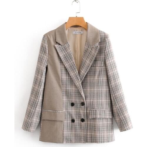 Womens jacket autumn new style double-breasted stitching contrast color loose lapel long-sleeved suit jacket womens blazers