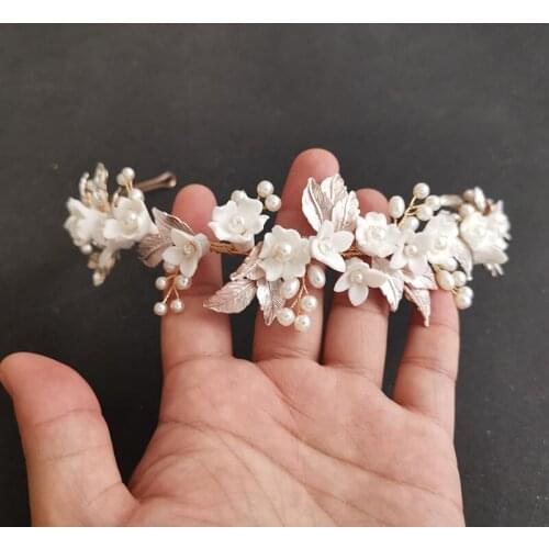 SLBRIDAL Handmade Luxury Alloy Leaf Rhinestones Pearls Ceram Flower Bridal Tiara Wedding Bridesmaids Crown Women Hair Jewelry