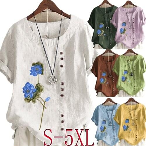 Womens New Fashion O-neck Lotus Flower Printed Short Sleeve Tops Loose Linen T-Shirt Casual Blouse S-5XL