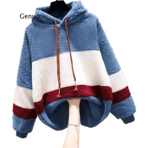 Winter Plus Velvet Thick Ladies Hoodie Stripes Stitching Personality Contrast Color Loose Women Pullover