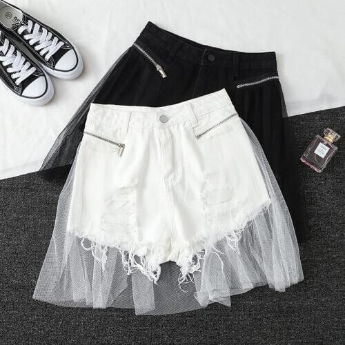 Womens Summer Ripped Hole Denim Shorts Fashion Detachable Mesh High Waist Jeans Female Trendy Tassels Mini Cowboy Shorts D345