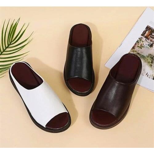 Womens Sandals 2021 Ladies Leather Sole Slippers For Home Sexy High Heel Mules Peep Toe Platform Slip On Shoes Flip Flops