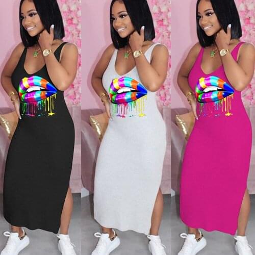 Rainbow Mouth Lip Printed Summer T-shirt Dress Women Low Neck Sleeveless Package Hip Dress Casual Double Side Split Vestidos