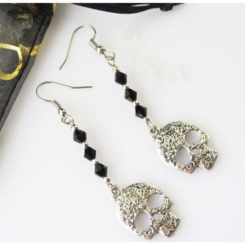 1Pair Silver Plated Retro Skull Black Crystal Dangle Hook Earrings for Women Jewelry Fashion Female Halloween Gifts
