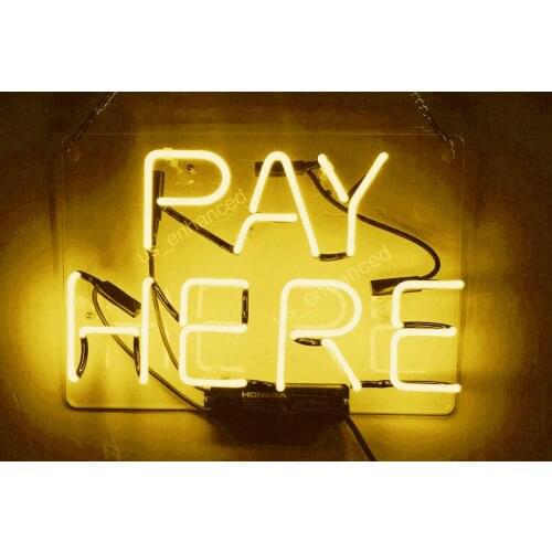 14"x10" Pay Here Yellow Acrylic Custom Neon Light Lamp Sign Beer Bar Handmade Real Glass Decorate Home Wall Room Decor Artwork