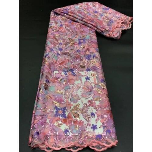 5yards/pc) Newest pink African tulle lace fabric flowery embroidered French net lace with sequins for party dress FZZ096