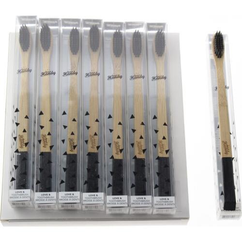 FDA Certification 8Pcs/Box Pvc Packing 18.5cm Flat Handle Black Bristle Adult Natural Bamboo Tooth Brush Toothbrush