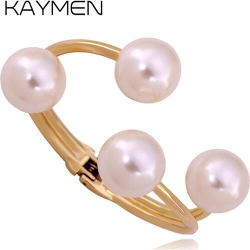 KAYMEN Hot Selling Imitation Pearl Cuff Bracelet Bangle Fashion Style Luxury Golden Statement Bangle for Women