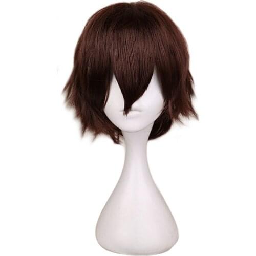 Short Straight Cosplay Wig Men Dark Brown Synthetic Hair High 100% Temperature Fiber Wigs + Wig Cap