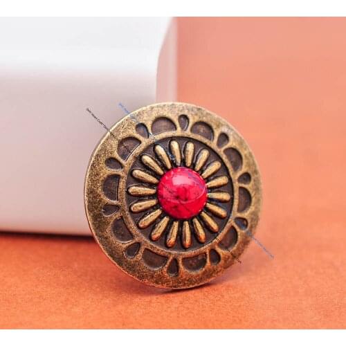 10X 30mm Retro Brass Daisy Floral Red Bead Conchos for Leathercraft Western Cowboy Luggage Bag Accessories Wallet Decor