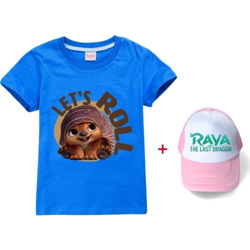 Summer T-shirt Raya and The Last Dragon Girls Boys Cotton Tshirt + Sun Cap Tees Kids Clothes Short Sleeve Tops Children Outfits