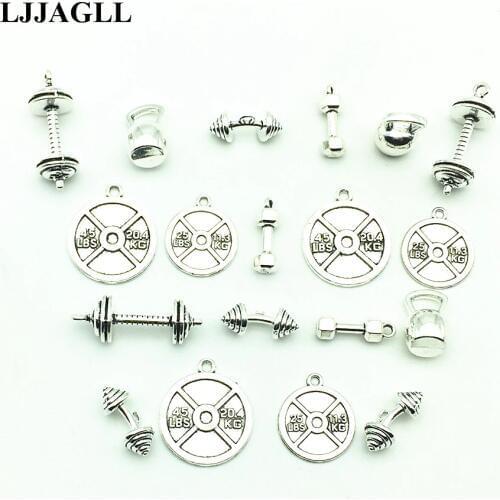 LJJAGLL Metal Silver Mix 6Types Fitness Equipment Pendant Strength Weight Plate Dumbbell Barbell Fit Necklace Jewelry Diy AYD009