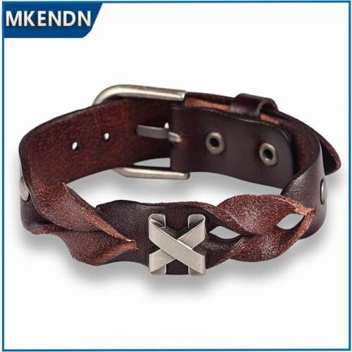 MKENDN New Arrival Handmade Genuine Leather Bracelets Brand Fashion Punk Cuff Bracelets & Bangle for Women Men Jewelry Accessory