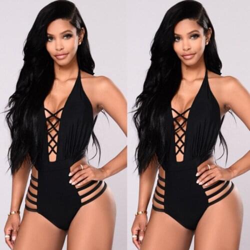 Brand New 2019 Sexy Fashion Womens Black Halter One-piece Bandage Swimsuit Swimwear Push Up Monokini Bathing Suit Bikini