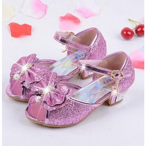 New Summer Bowtie Girls Sandals Children Glitter High Heel Sandals Princess Party Shoes Kids Fashion Shoes Size 26-37