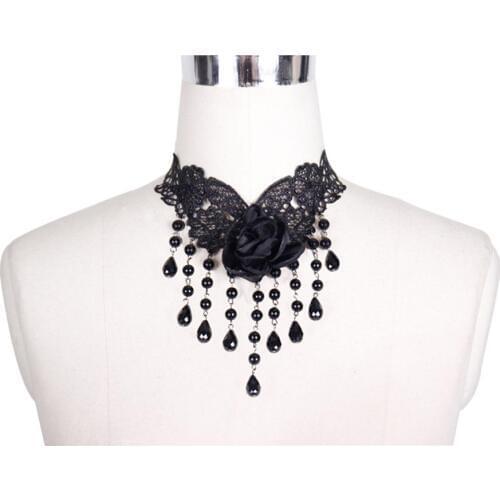 Gothic Black Lace Choker Necklace for Women Cosplay Costumes Rose Beads Pendant Steampunk Women Party Necklace Chain