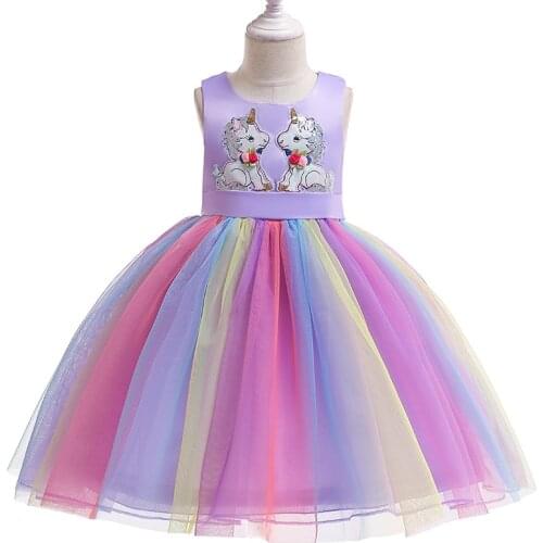 Cartoon Unicorn Girls Princess Dress Tutu Cute Christmas Party Costume Colorful Mesh Wedding Girls Dress 3-9 Years Kids Clothes