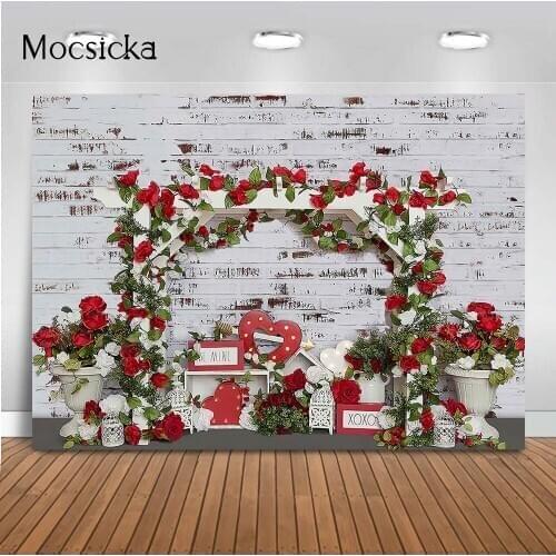Rose Garden Love Backdrop White Brick Wall Valentines Day Photography Background XOXO Red Rose Flowers Photo Background Prop