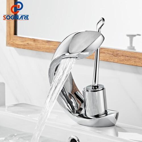 SOGANRE Waterfall Bathroom Faucet Deck Mounted Basin Sink Solid Brass Faucets Mixer Single Handle Cold and Hot Water Mixer Taps