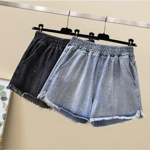 Thin Denim Shorts for Women 2021 Summer New Loose High Waist Embroidery Hot Drilling Wide Leg Hot Pants Blue Female Clothing