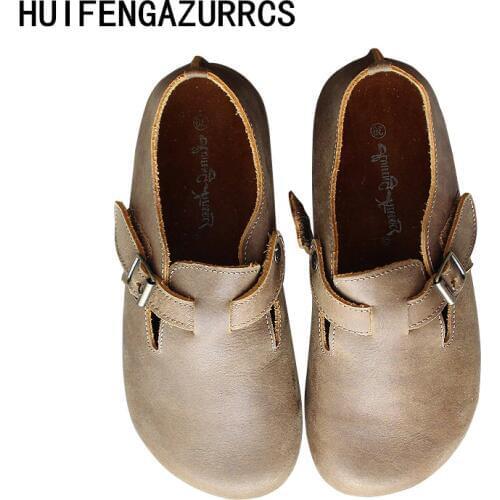 Careaymade-Genuine leather shoes,Original handmade shoes round head flat heels retro shallow buckle womens single shoes