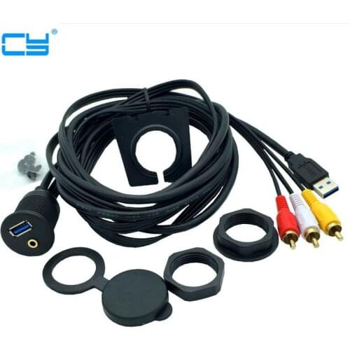 Car Dashboard Flush Mount USB 3.0 3.5mm Audio AUX to 3RCA Extension Lead Panel Cable Cord High Speed for Motorcycle Boat 1m 2m