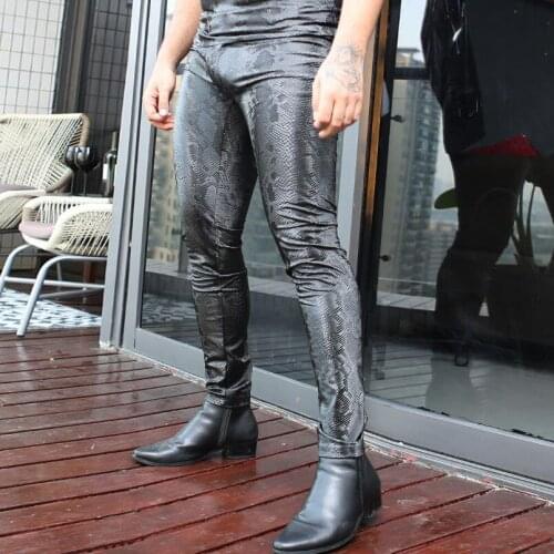Faux PU Leather Snake Print Tight Pencil Pants Men Motorcycle Trousers Thin Fleece Warm Spodnie Pantalon Homme Korean Streetwear