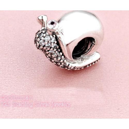Spring Original 100% 925 Sterling Silver Sparkling Snail Charm, Clear & Orchid CZ Beads Fit Brand Charms Bracelet DIY