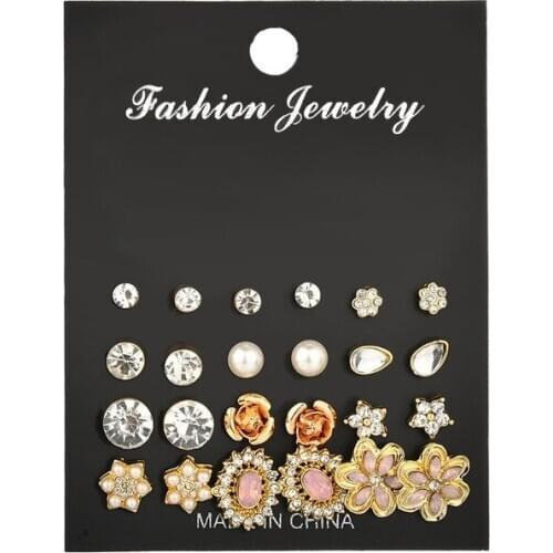 Foreign Trade Women Fashion Crystal Exquisite Flower Stud Earrings Female Trendy Personality Geometric Statement Earrings