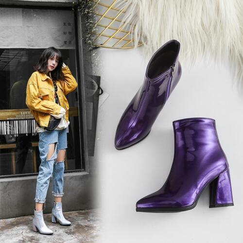 2019 New Sliver Gold Women Ankle Boots Pointed Toe Chunky High Heel Boots Mirror Metallic Women Pumps Female Sexy Stiletto Boots
