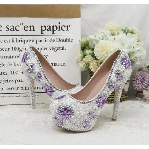 BaoYaFang White Beads Pearl women wedding shoes Bride High heels shoes ladies party dress shoes woman Round Toe High Pumps