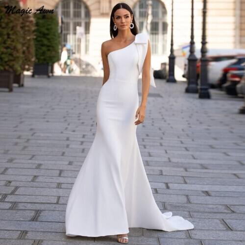 Magic Awn Simple Mermaid Wedding Dresses One Shoulder Bow Satin Beach Mariage Gowns Cheap Sleeveless Vestidos De Fiesta 2021