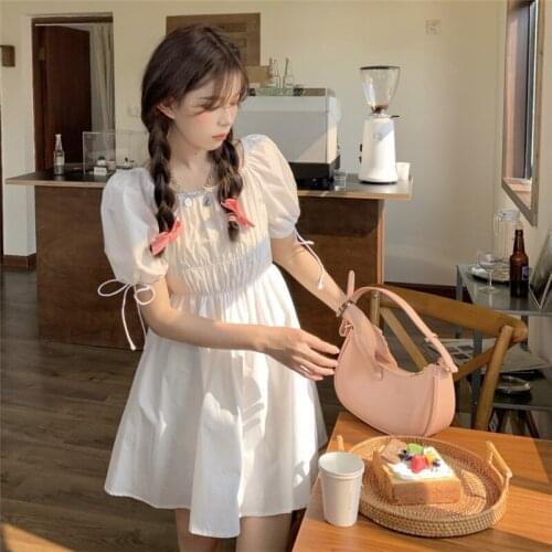 French Bubble Short-sleeved White Dress Female Summer Waist Waist Square Collar Temperament Dress