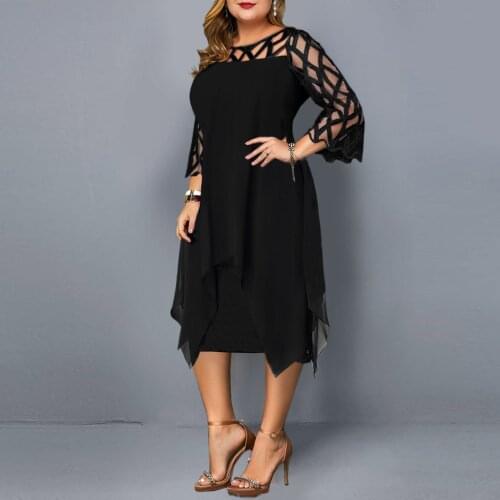 Women perspective Mesh Chiffon Hollow Out O-Neck Double Plus Size Dress Skirt femme robe vestido de mulher moda 2021 dresses