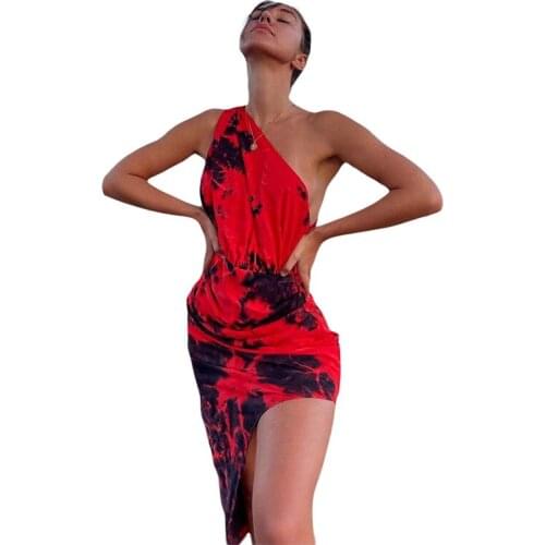 2021 Tie Dye Print Women One Shoulder Party Dress Asymmetry Sexy Bodycon Elastic Summer Trend Elegant Streetwear Outfits