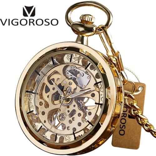 Gold Tone Steel Steampunk Transparent Skeleton Mechanical Pocket Watch Hand Winding Open Face Fashion Clock Men Women Gifts