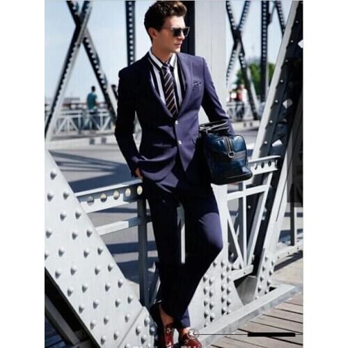 2020 Navy Bule Two Buttons Notch Lapel Suits Handsome Tuxedos Custome Homme Fashion Terno Slim FitSuit Jacket Pant 2Piece Set