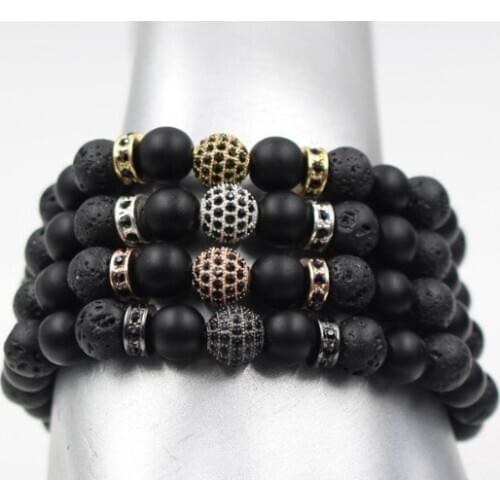 8mm xgtg3 gold silver Copper cz zircon cubic zirconia elastic adjusted stone black volcanic lava agate Onyx Bracelet Bangles