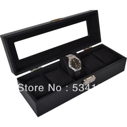 Free shipping Glass skylights luxury leather jewelry watch box organizer can fit into five watches black watches gift boxes