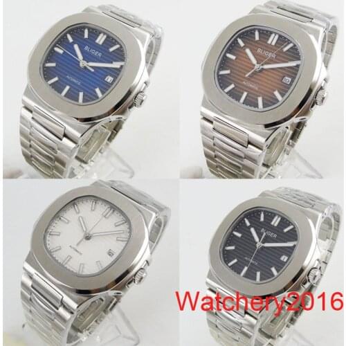 Bliger 40mm Miyota 8215 Luxury Square Automatic wrist watch men sapphire glass ss bracelet waterproof white dial