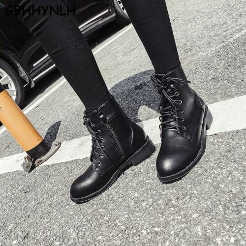 GBHHYNLH Women Platform Boots Lace Up Leather Boots For Ladies Vintage Short Boots Cowboy Motorcycle Shoes mujer zapato LJA818
