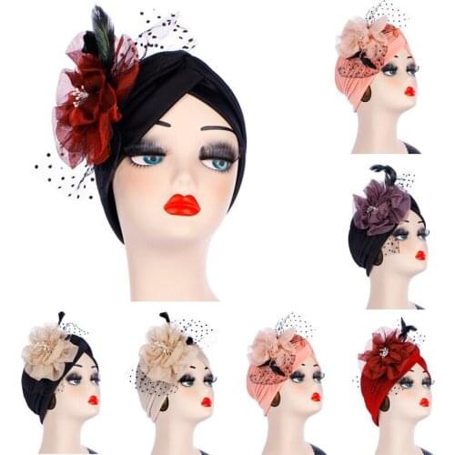 CharmGo Turban Hair Accessories Muslim Scarf Women Stretchy Big Flower Head Cap Hat Ladies Hair Loss African Turban Cap